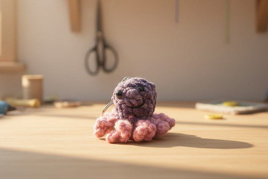 Zweifarbiger Mini Tintenfisch Schlüsselanhänger - Gehäkelt