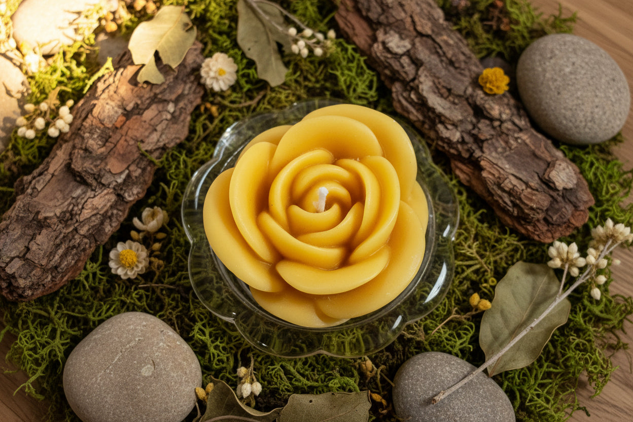Bienenwachskerze Rose auf Glasteller