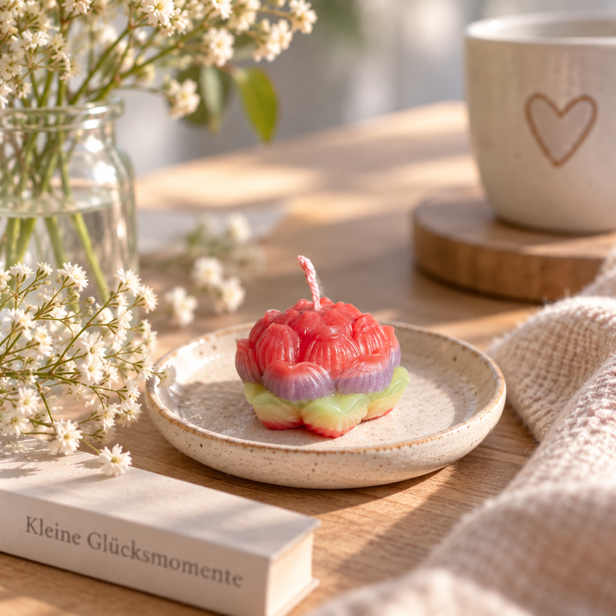 Handgemachte bunte Blumenkerze von Regenbogen Creations auf Keramikteller in gemütlicher Wohnatmosphäre.