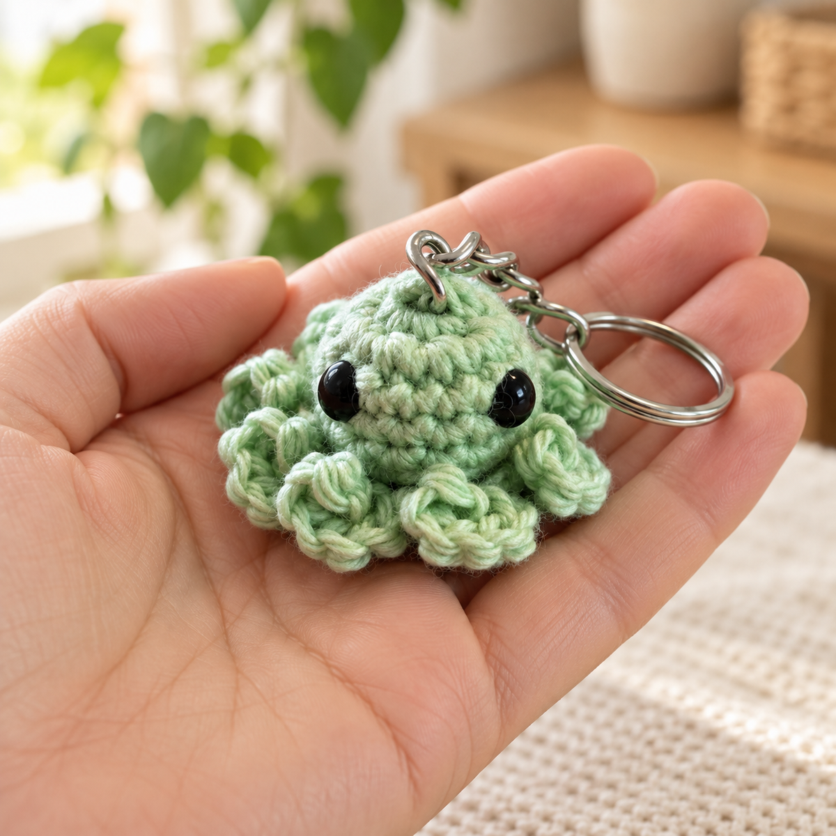 Kleiner grüner gehäkelter Oktopus-Schlüsselanhänger in einer Hand vor einem hellen, natürlichen Hintergrund.