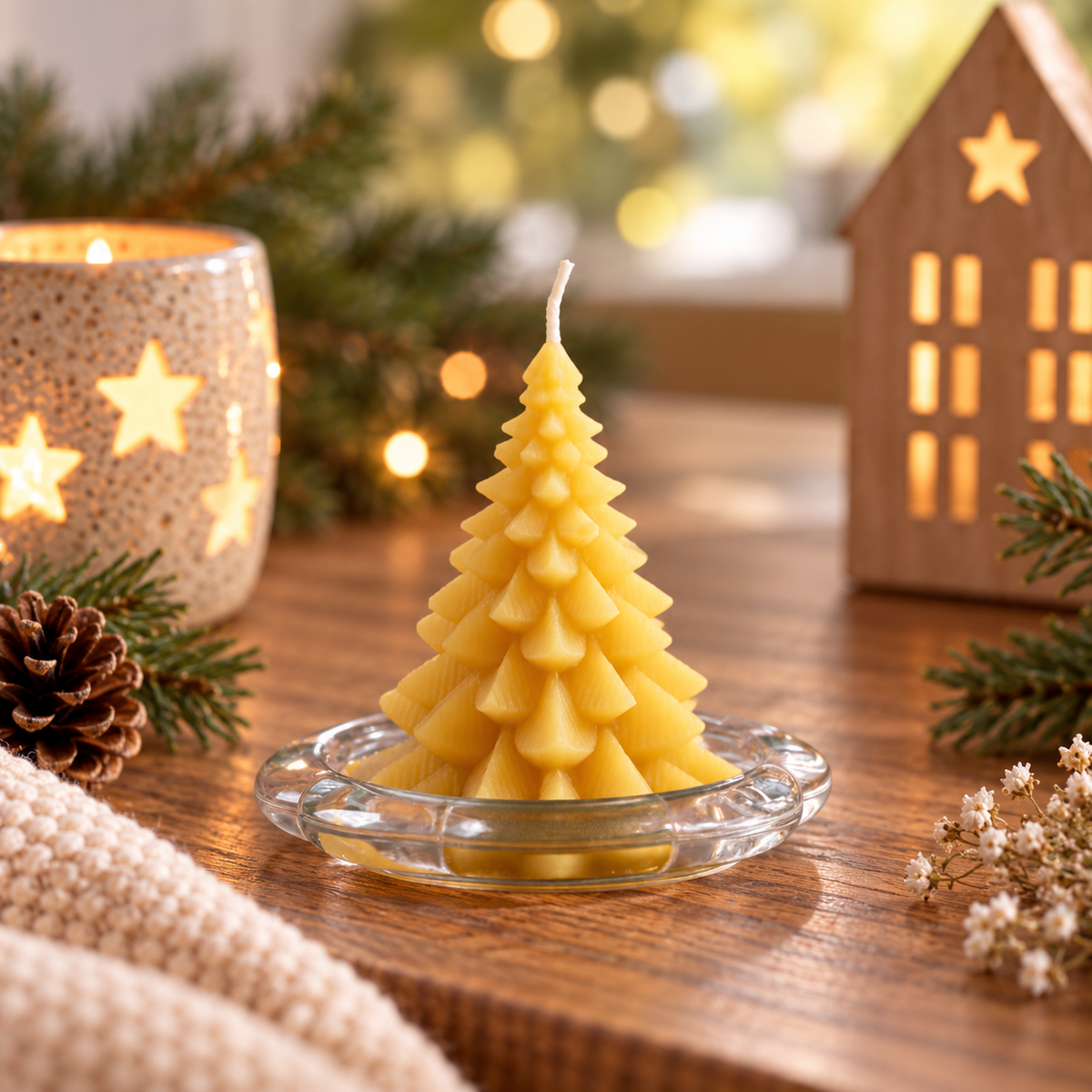 Handgegossene Bienenwachskerze in Tannenbaumform in gemütlicher Weihnachtsdekoration