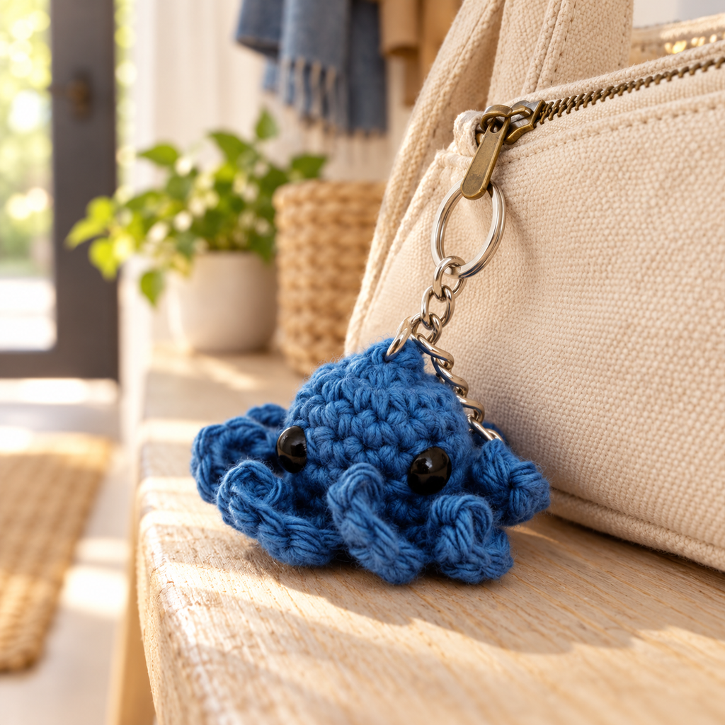 Blauer gehäkelter Oktopus-Schlüsselanhänger an einer beigefarbenen Stofftasche in warmer, heller Wohnatmosphäre.
