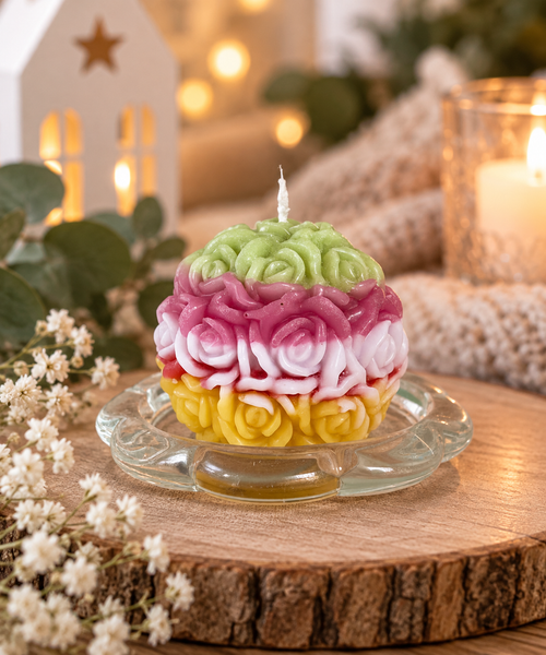 Bunte handgemachte Blumenkerze mit Rosen aus Kerzenresten in gemütlicher Dekoration
