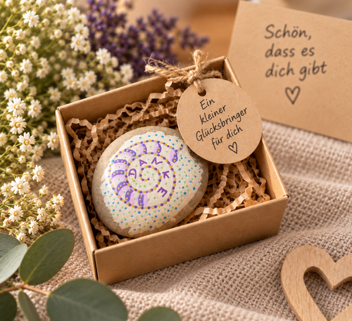 Handbemalter Dankeschön-Stein in einer Geschenkbox als kleiner Glücksbringer