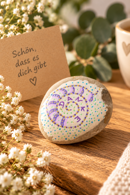 Handbemalter Dankeschön-Stein mit buntem Spiralmotiv als kleine Geschenkidee