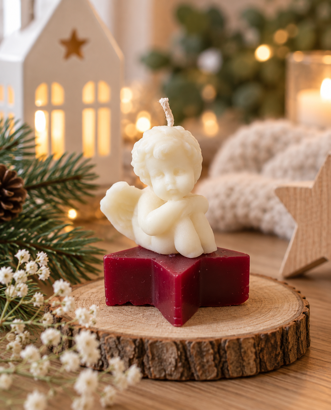 Handgemachte Engelkerze auf rotem Stern aus Kerzenresten in gemütlicher Weihnachtsdekoration