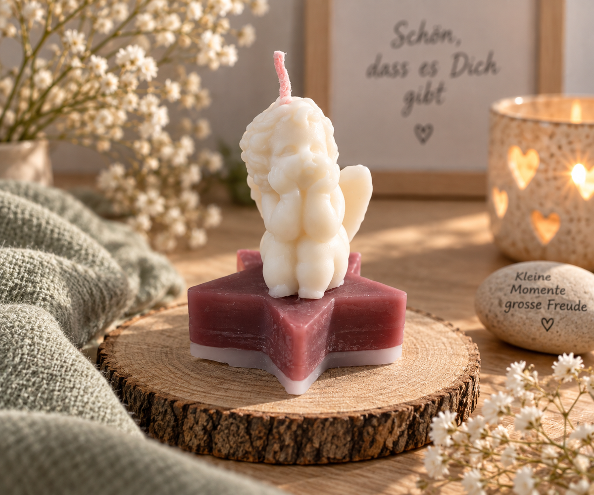 Handgemachte Engelkerze aus Kerzenresten auf rotem Stern – stimmungsvolle Upcycling-Weihnachtsdekoration