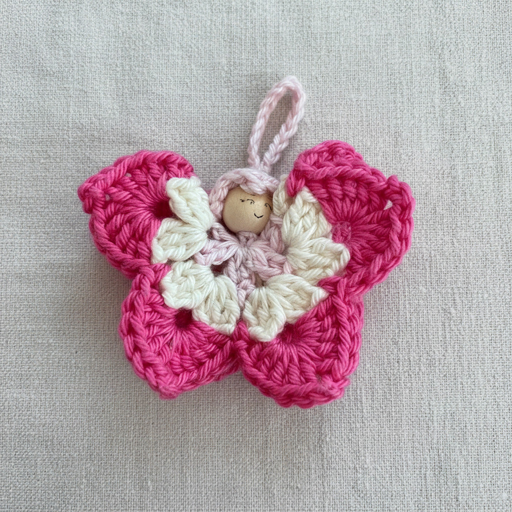 Handgehäkelter Schmetterling Glücksbringer in Rosa und Creme mit kleinem lächelnden Gesicht und Aufhängeschlaufe – liebevoll handgemachte Deko und Geschenkidee 💛