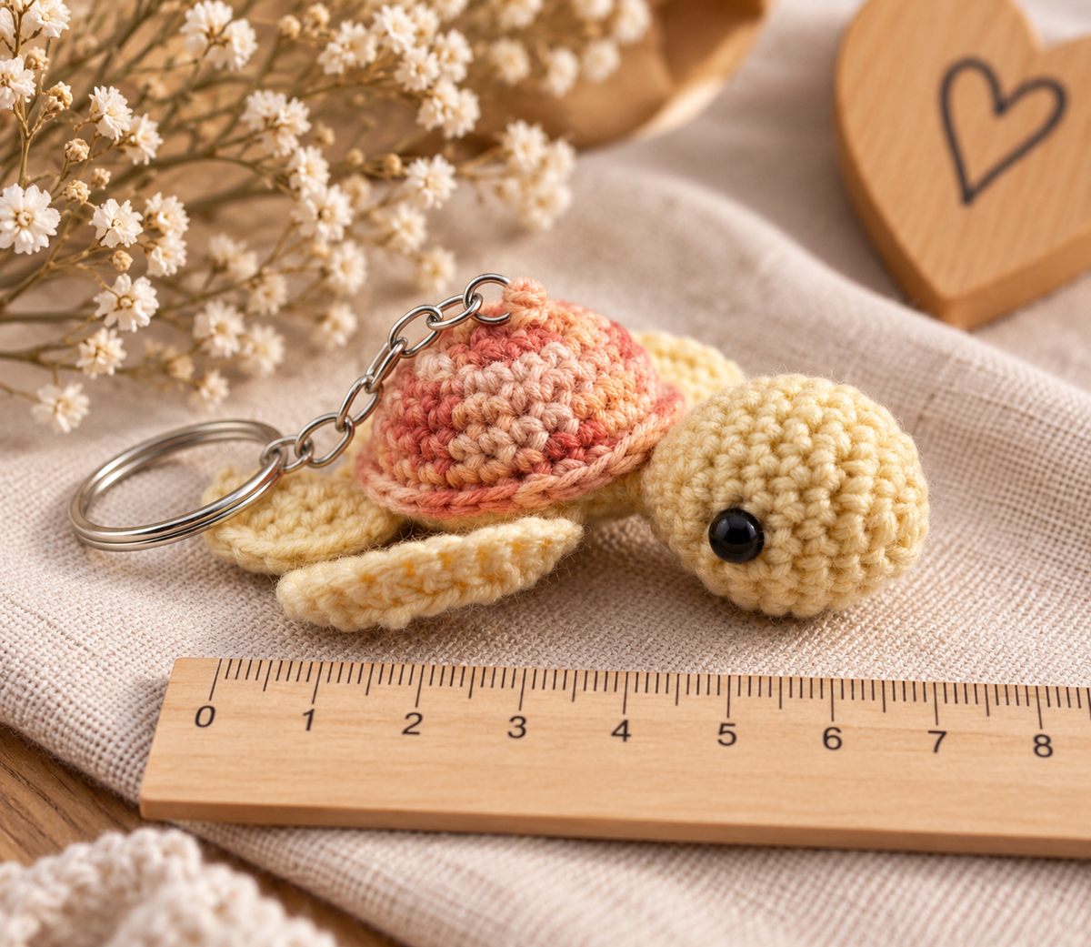 Kleine handgemachte gehäkelte Schildkröte als Schlüsselanhänger in Creme und Rosa, etwa 6–7 cm lang.