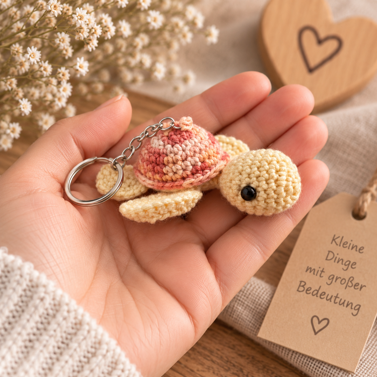 Kleine handgemachte gehäkelte Schildkröte in Creme und Rosa als Schlüsselanhänger, liebevoll in einer Hand gehalten.