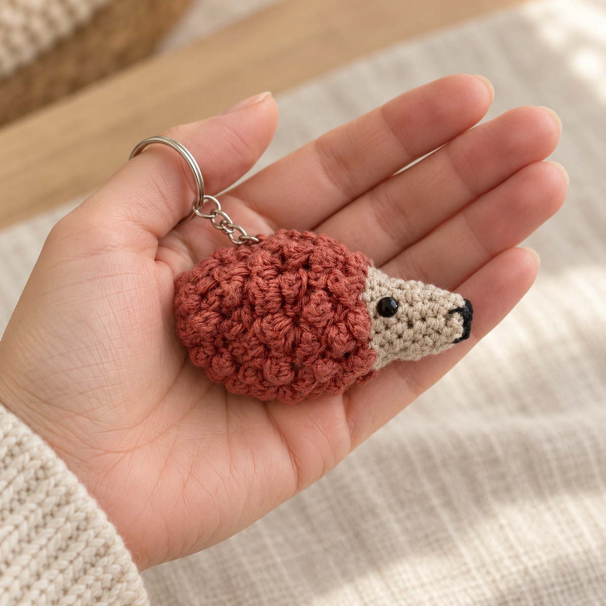 Hand hält einen kleinen gehäkelten Igel-Anhänger in Rostrot und Beige.