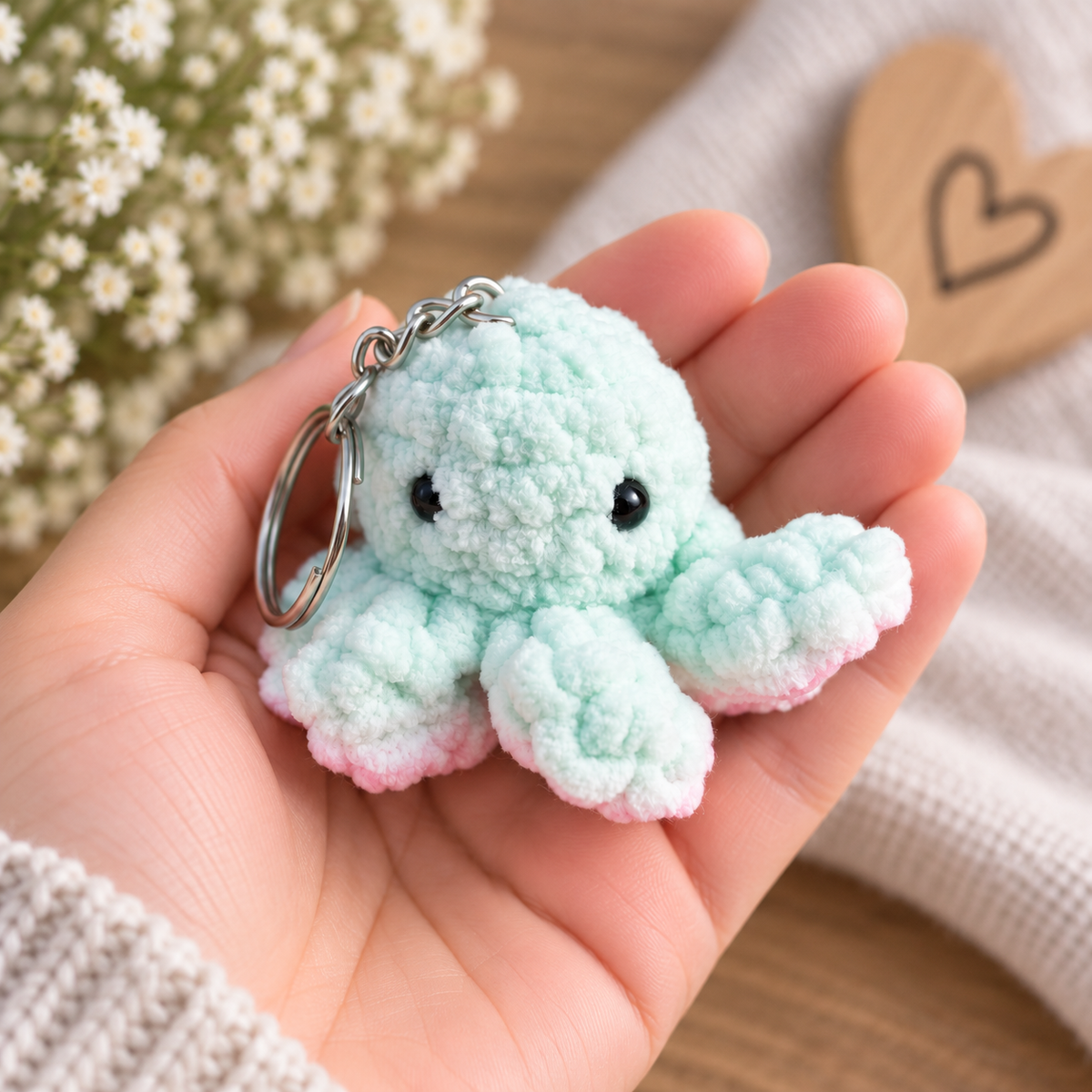 Kleiner handgemachter gehäkelter Oktopus in Mint und Rosa mit Schlüsselring, liebevoll in einer Hand gehalten.