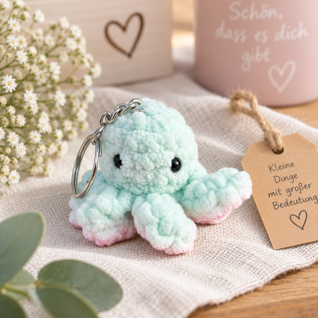 Kleiner handgemachter gehäkelter Oktopus in Mint und Rosa mit Schlüsselring, liebevoll als Geschenk dekoriert.
