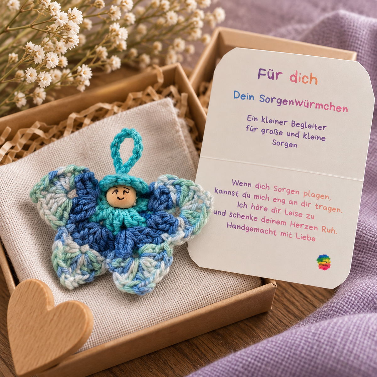 Handgemachter gehäkelter Schmetterling in Blau und Türkis mit Kärtchen „Für dich“, liebevoll in einer Geschenkbox arrangiert.