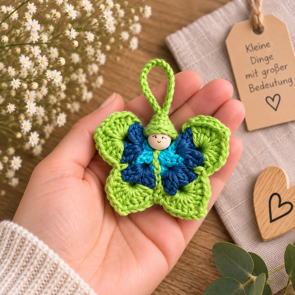 Kleiner handgemachter gehäkelter Schmetterling in Grün, Blau und Türkis mit Holzkopf und Aufhängeschlaufe, in einer Hand gehalten.
