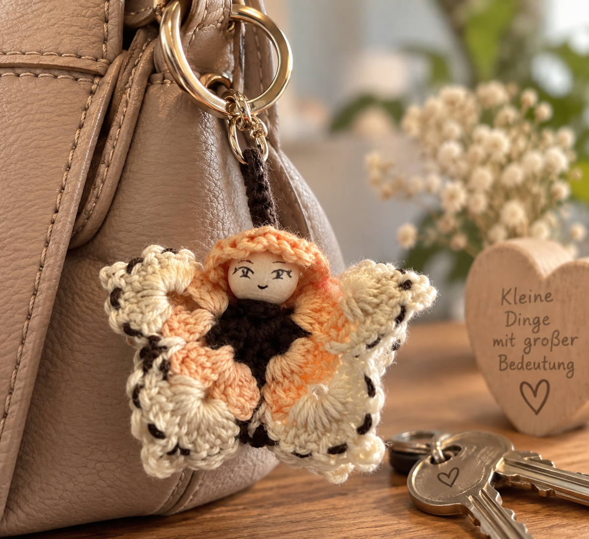 Gehäkelter Schmetterling als Schlüsselanhänger an einer Handtasche – handgemacht von Regenbogen Creations