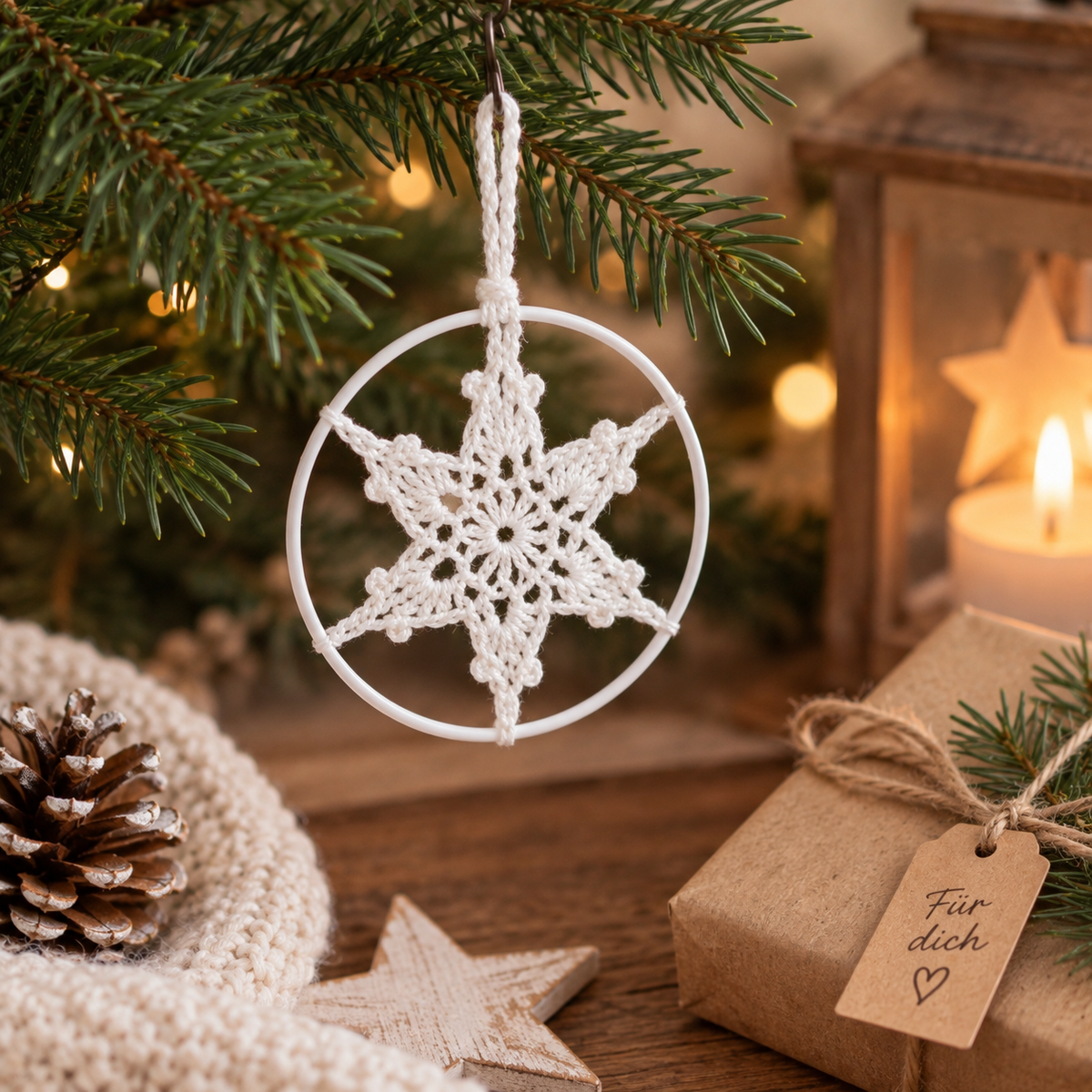 Weiß gehäkelter Schneeflocken-Anhänger am Weihnachtsbaum – handgemachte Weihnachtsdekoration
