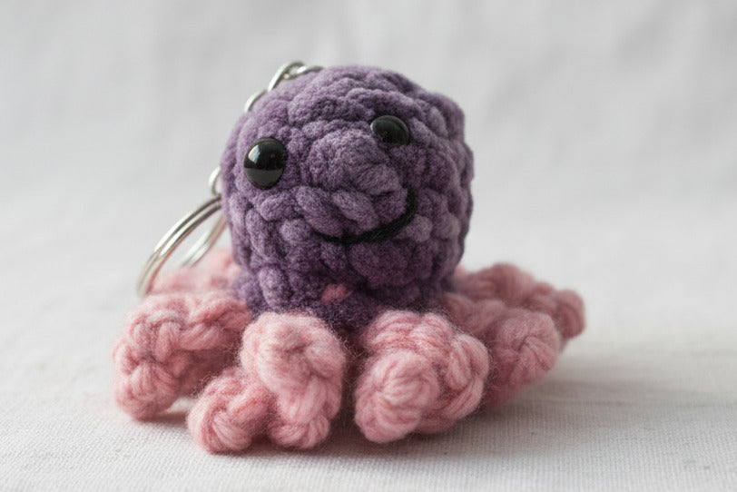 Gehäkelter Tintenfisch Schlüsselanhänger in Lila und Rosa – handgemachtes Amigurumi
