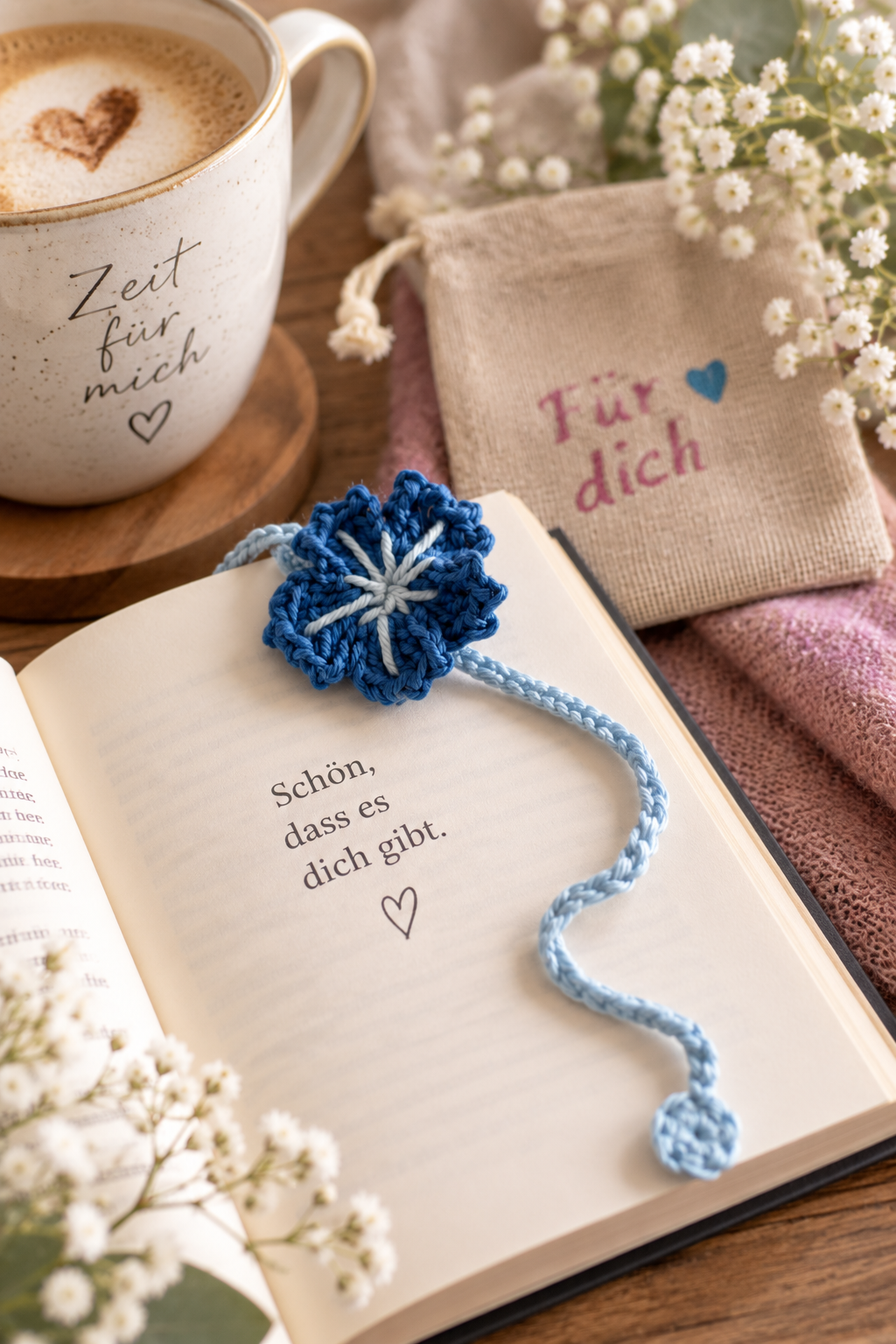 Blaues gehäkeltes Blumen-Lesezeichen in einem Buch – handgemachte kleine Geschenkidee für einen lieben Menschen