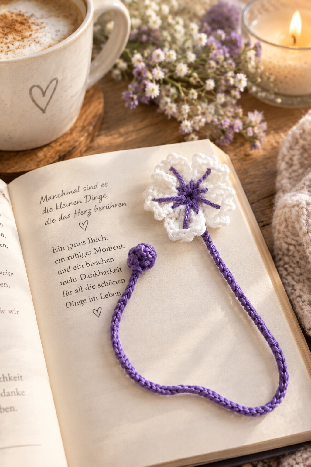 Gehäkeltes Blumen-Lesezeichen in Lila und Weiß in einem Buch – handgemachte Geschenkidee
