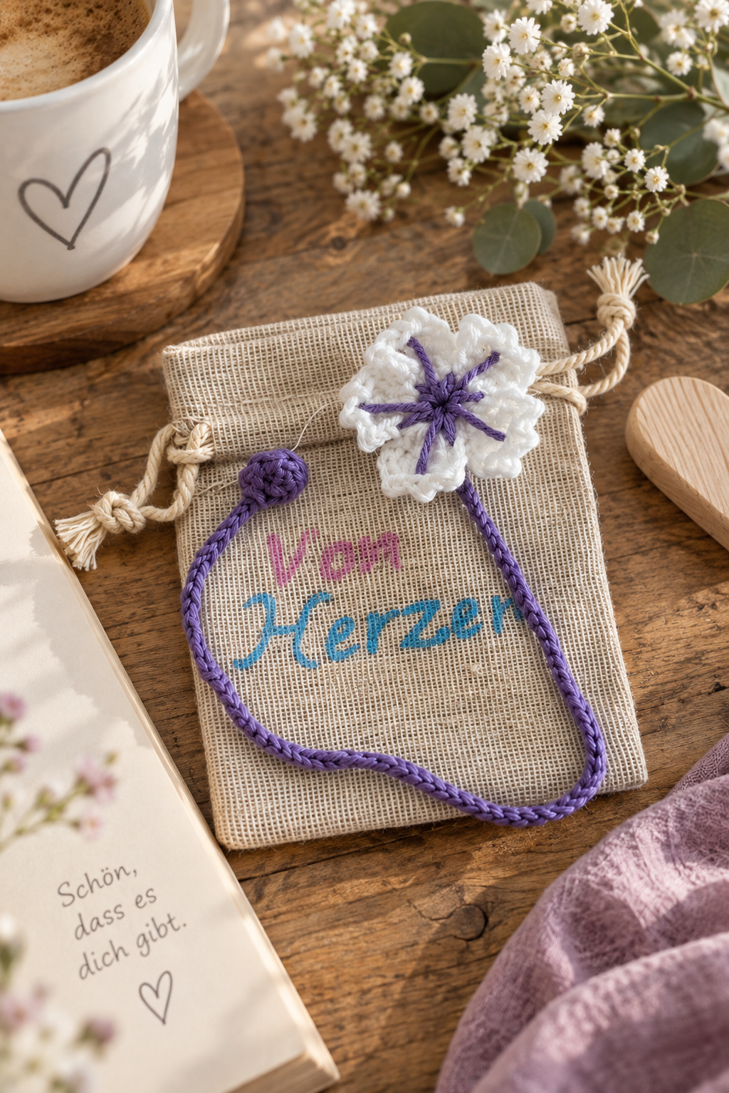Gehäkeltes Blumen-Lesezeichen in Lila und Weiß – handgemachte kleine Geschenkidee von Herzen