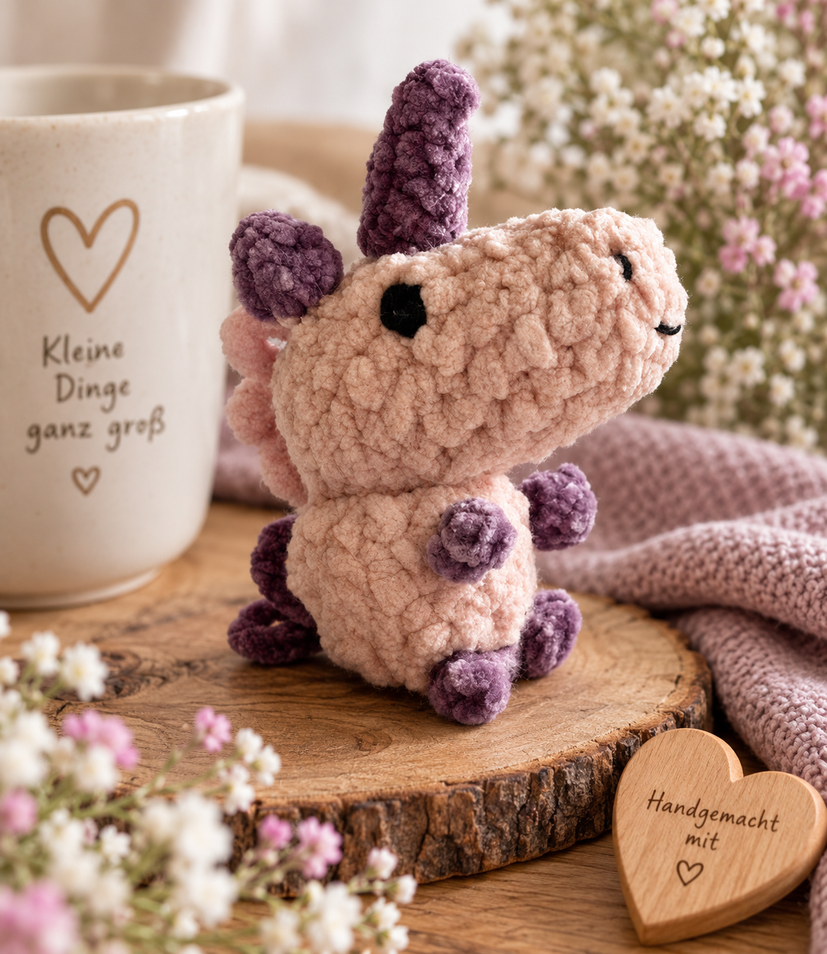 Text: Rosa-lila gehäkeltes Einhorn als handgemachtes Kuscheltier in liebevoller Lifestyle-Dekoration.
