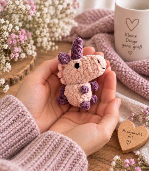 Kleines rosa-lila gehäkeltes Einhorn, liebevoll in zwei Händen gehalten.