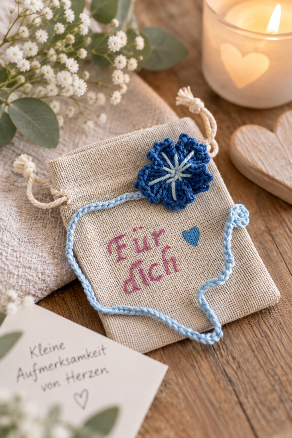 Blaues gehäkeltes Blumen-Lesezeichen im Geschenkbeutel – kleine handgemachte Aufmerksamkeit für dich