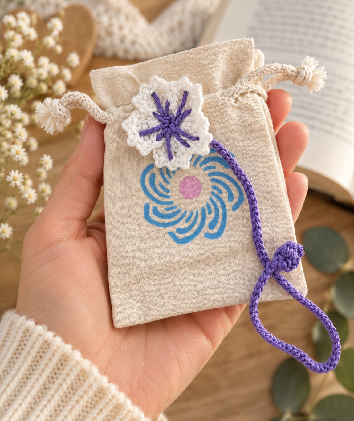 Gehäkeltes Blumen-Lesezeichen in Weiß und Lila mit handbedrucktem Stoffsäckchen, liebevoll in einer Hand gehalten.