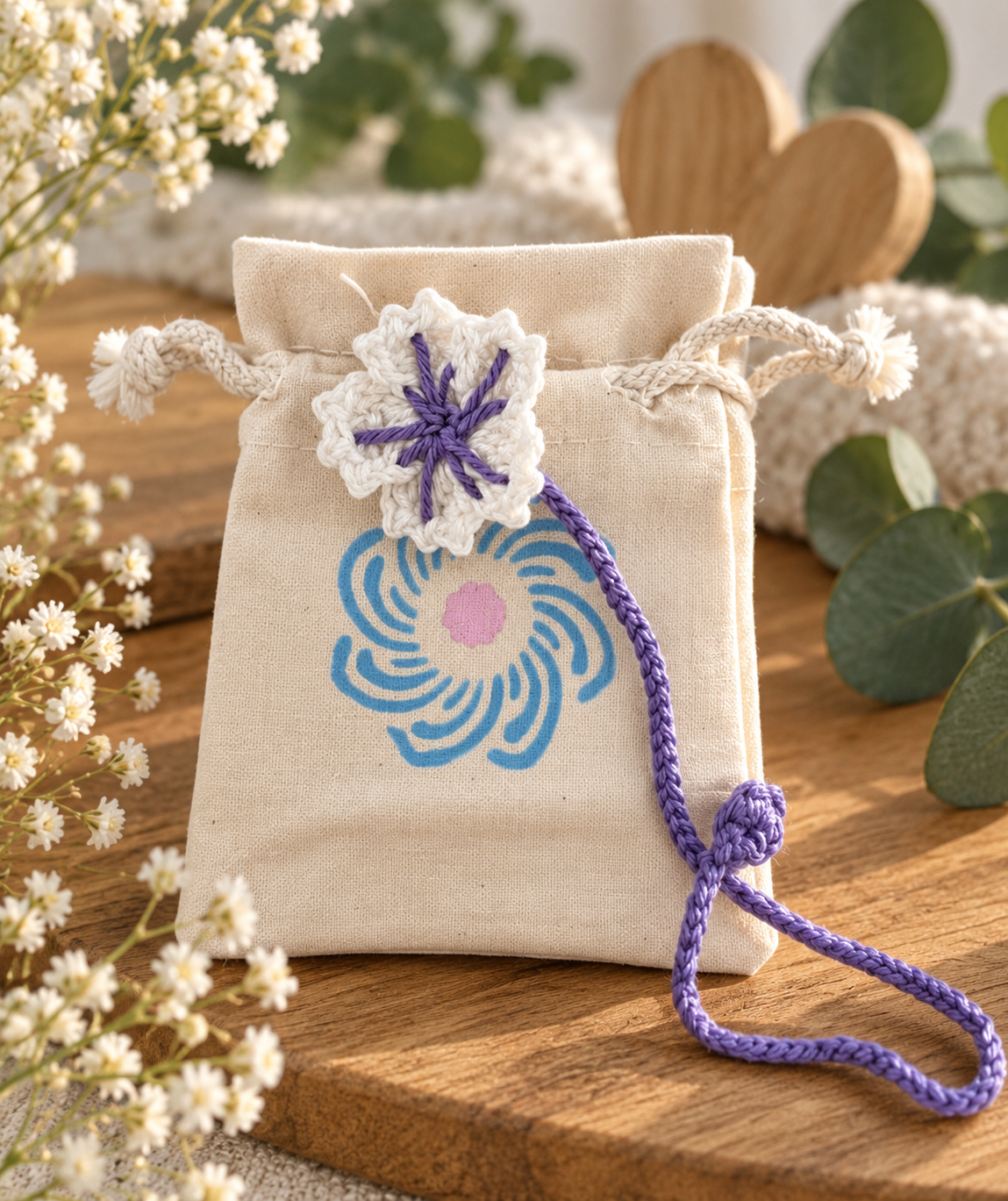 Gehäkeltes Blumen-Lesezeichen in Weiß und Lila mit handbedrucktem Stoffsäckchen als liebevolle Geschenkidee.