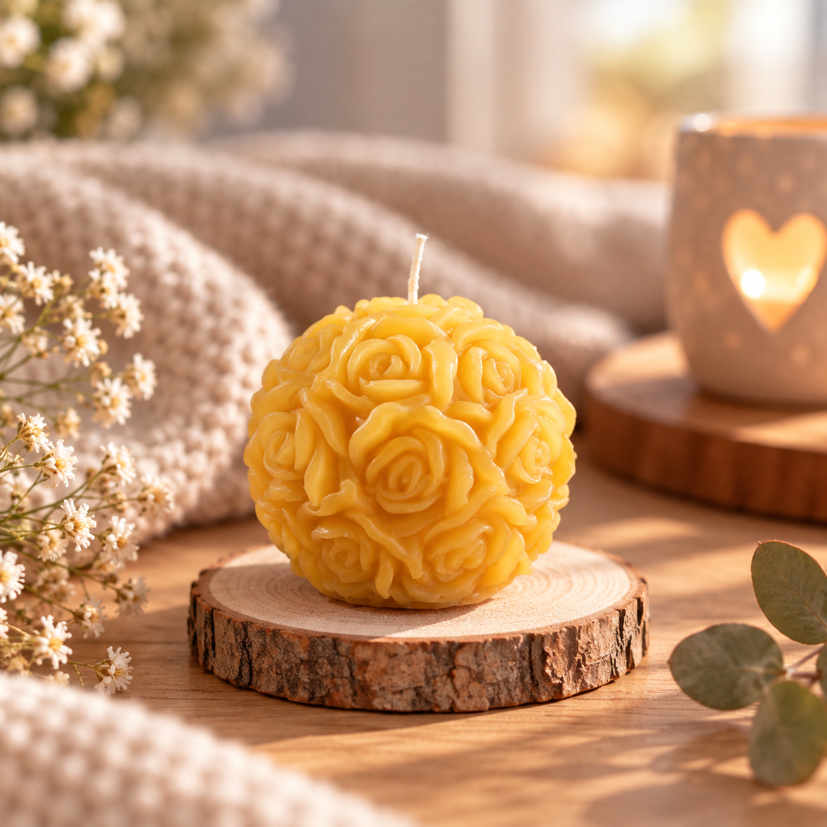 Handgemachte gelbe Rosenkugel-Kerze auf Holzscheibe in gemütlicher Dekoration mit weißen Blumen.