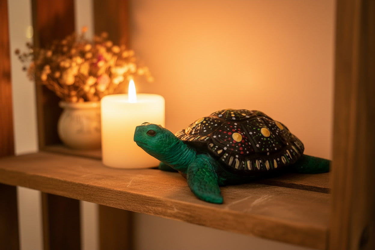 Handbemalte Gips Schildkröte als Dekofigur auf Holzregal neben Kerze in gemütlicher Atmosphäre
