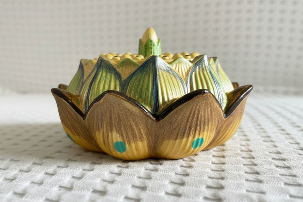 Handbemalte Lotus-Schale aus Gips in Gold, Grün und Braun mit dekorativen Punkten und Blütenform auf hellem Hintergrund.