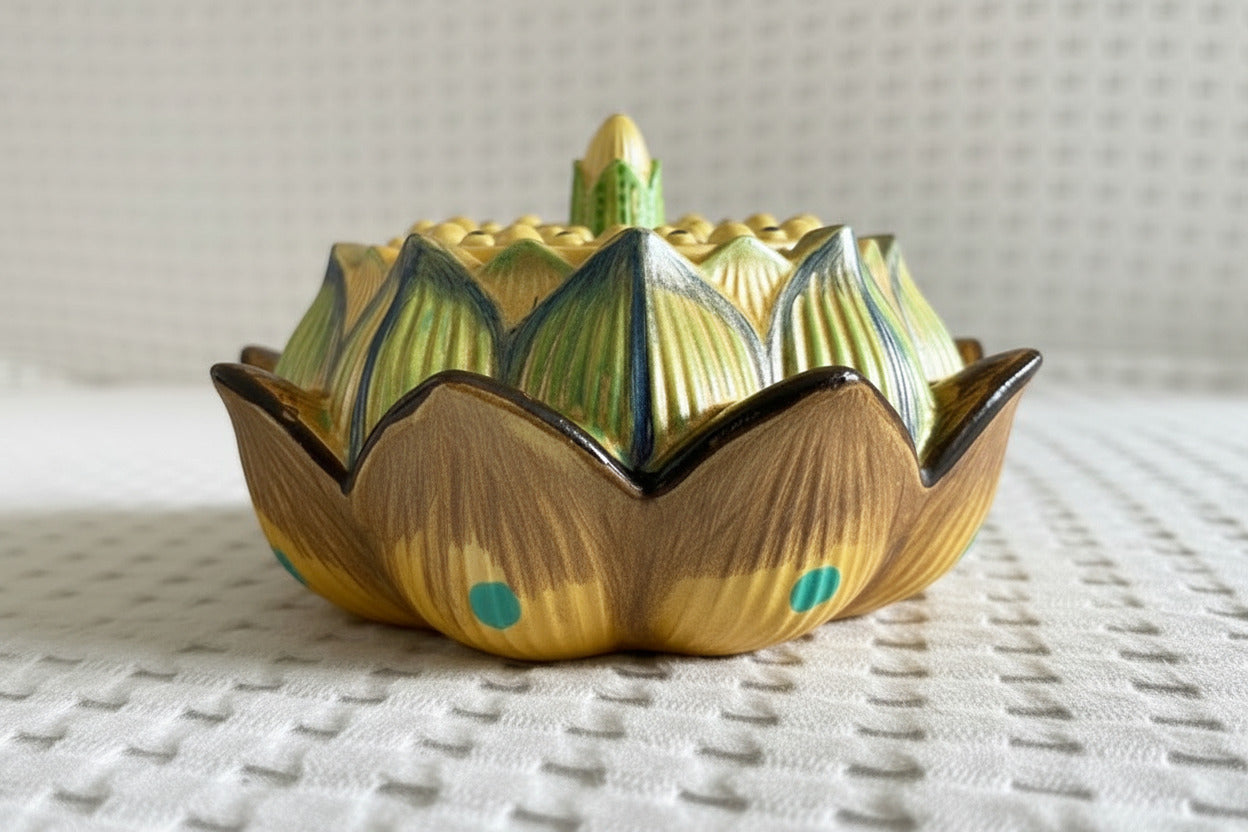 Handbemalte Lotus-Schale aus Gips in Gold, Grün und Braun mit dekorativen Punkten und Blütenform auf hellem Hintergrund.