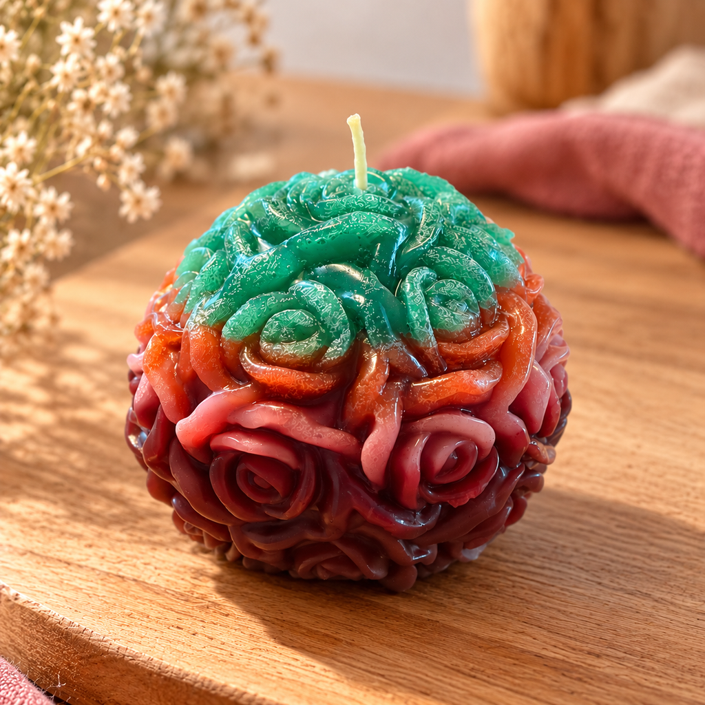 Handgemachte Rosenkerze in Grün, Rosa und Orange von oben