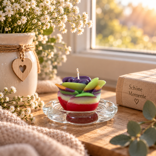 Kleine handgemachte bunte Upcycling-Kerze aus Kerzenresten auf einem Glasteller am Fenster – Regenbogen Creations.
