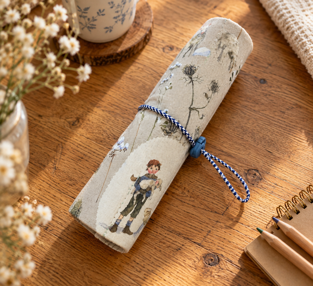 Handgemachtes Rollmäppchen mit Schaf- und Schäfermotiv für Stifte, Pinsel und Häkelnadeln auf Holztisch