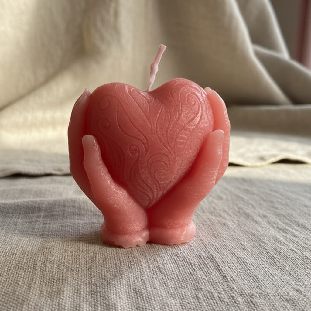 Rosa Herzkerze in Händen – handgemachte Dekokerze als Geschenk