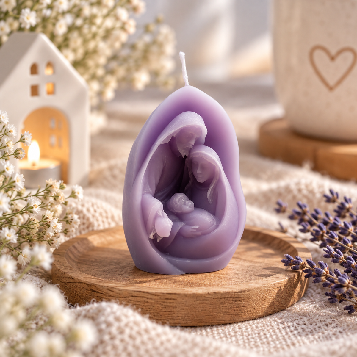 Lila Krippenkerze mit Heiliger Familie in weihnachtlicher Dekoration mit Blumen und Lavendel.