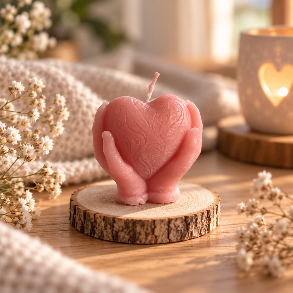 Handgemachte rosa Herzkerze in schützenden Händen auf Holzscheibe in gemütlicher Dekoration.