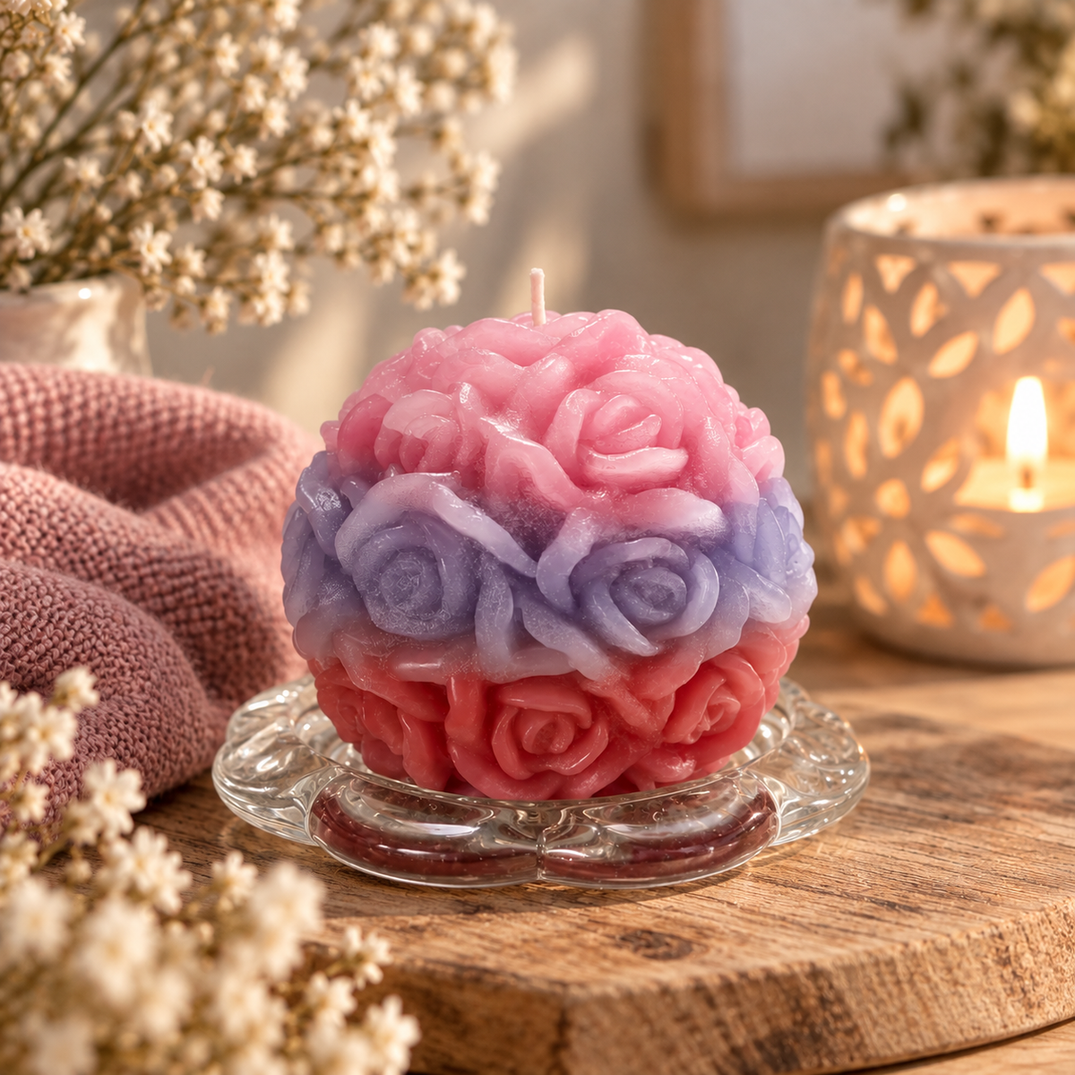 Handgegossene Rosenkerze in Rosa und Lila aus Upcycling-Wachs in gemütlicher Dekoration