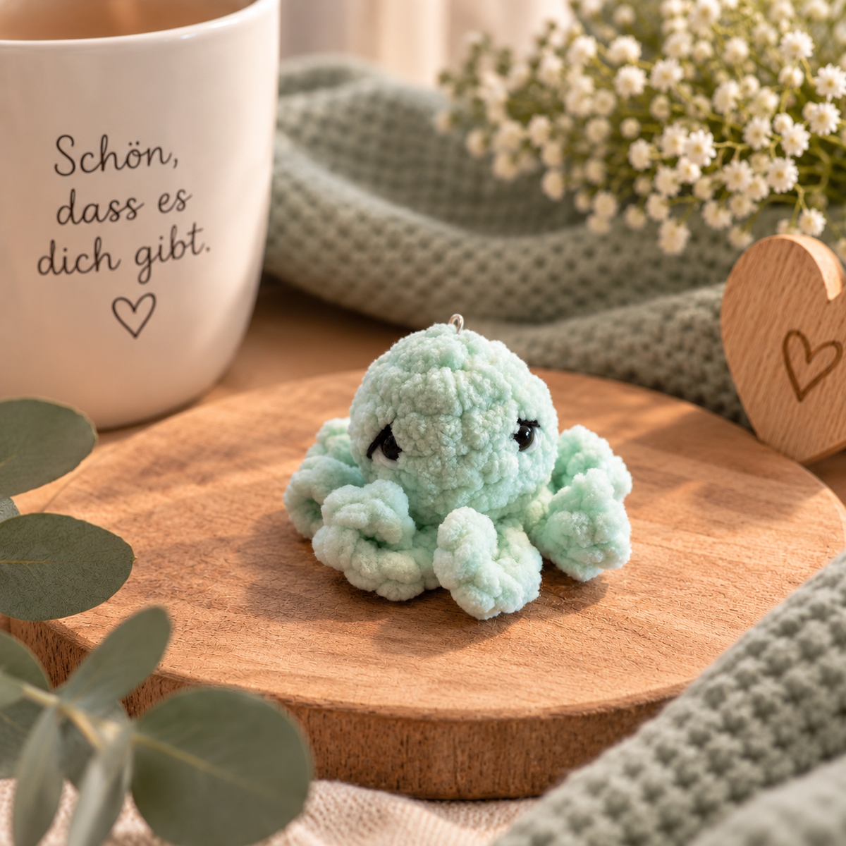 Kleiner mintfarbener gehäkelter Tintenfisch-Schlüsselanhänger – liebevoll handgemacht als Geschenkidee