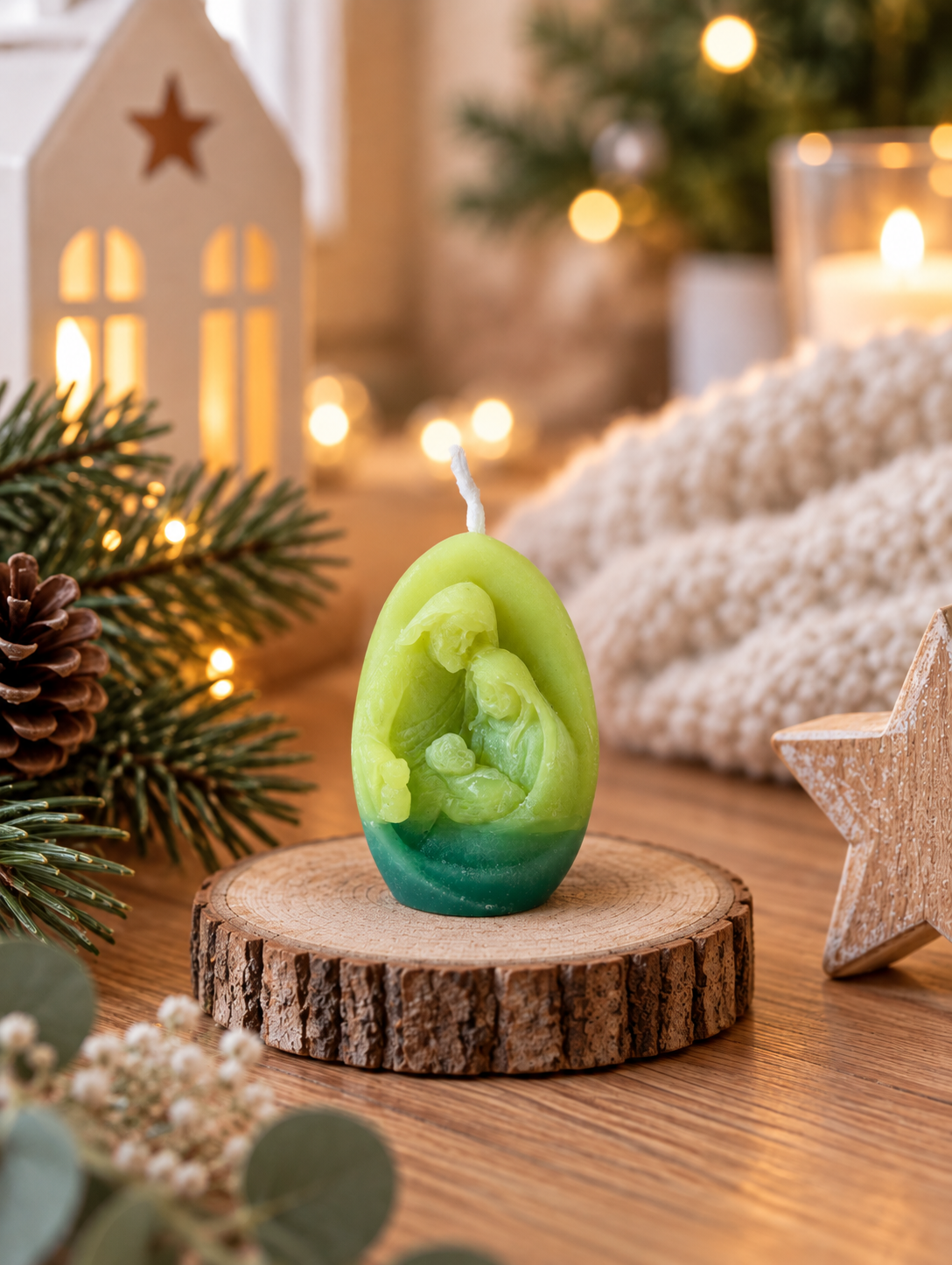 Handgemachte Krippenkerze mit Geburt Jesu aus recycelten Kerzenresten in weihnachtlicher Dekoration