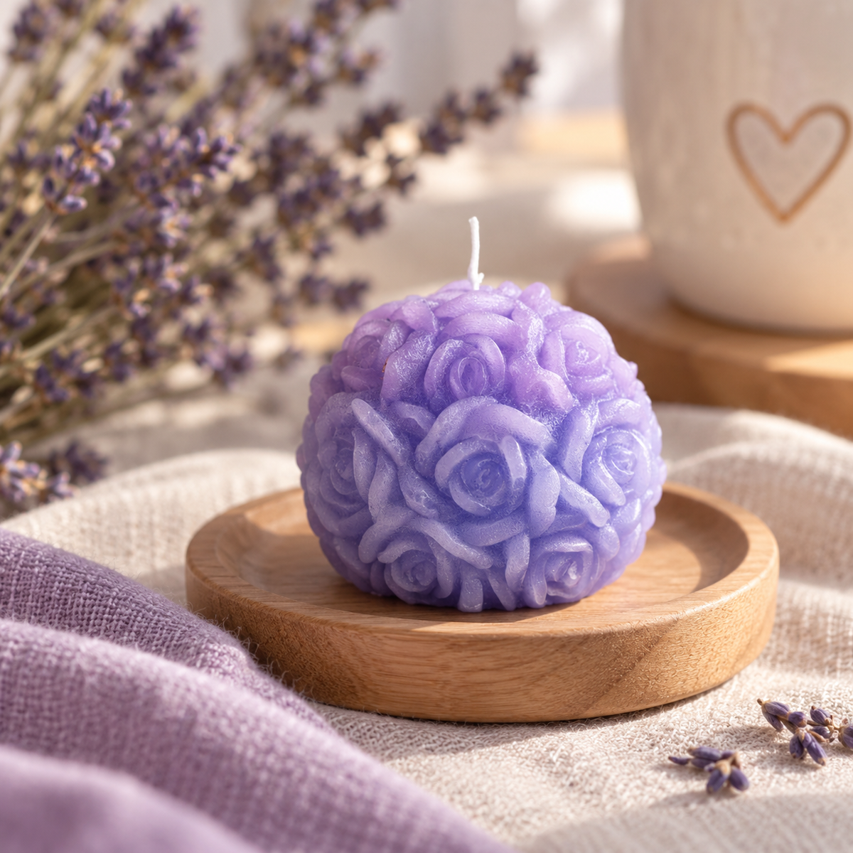 Handgemachte lila Rosenkugel-Kerze mit Rosenmotiv in gemütlicher Dekoration mit Lavendel.