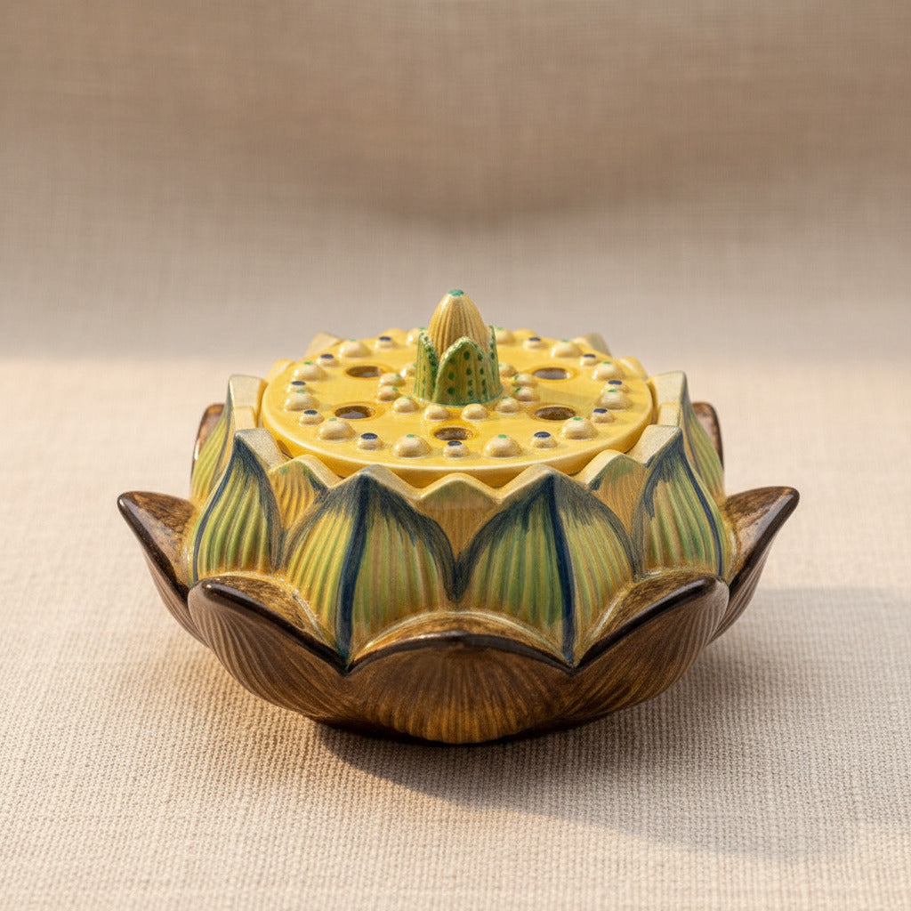 Handgegossener Behälter aus Gips in Lotusblütenform mit Mandala-Punkten in Gelb, Grün und Gold, dekorativ bemalt.