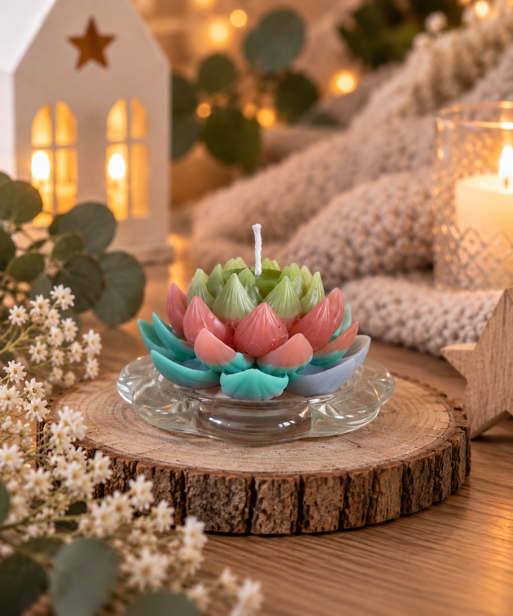 Bunte Lotusblüten-Kerze aus recycelten Kerzenresten auf Glasteller in gemütlicher Dekoration – handgemacht von Regenbogen Creations.
