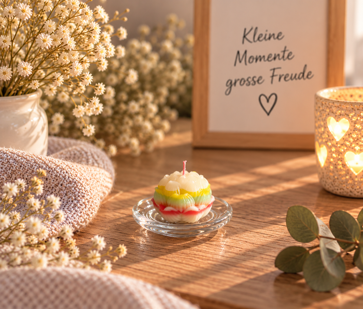  Kleine handgemachte bunte Lotuskerze aus Kerzenresten in gemütlicher Dekoration – Regenbogen Creations