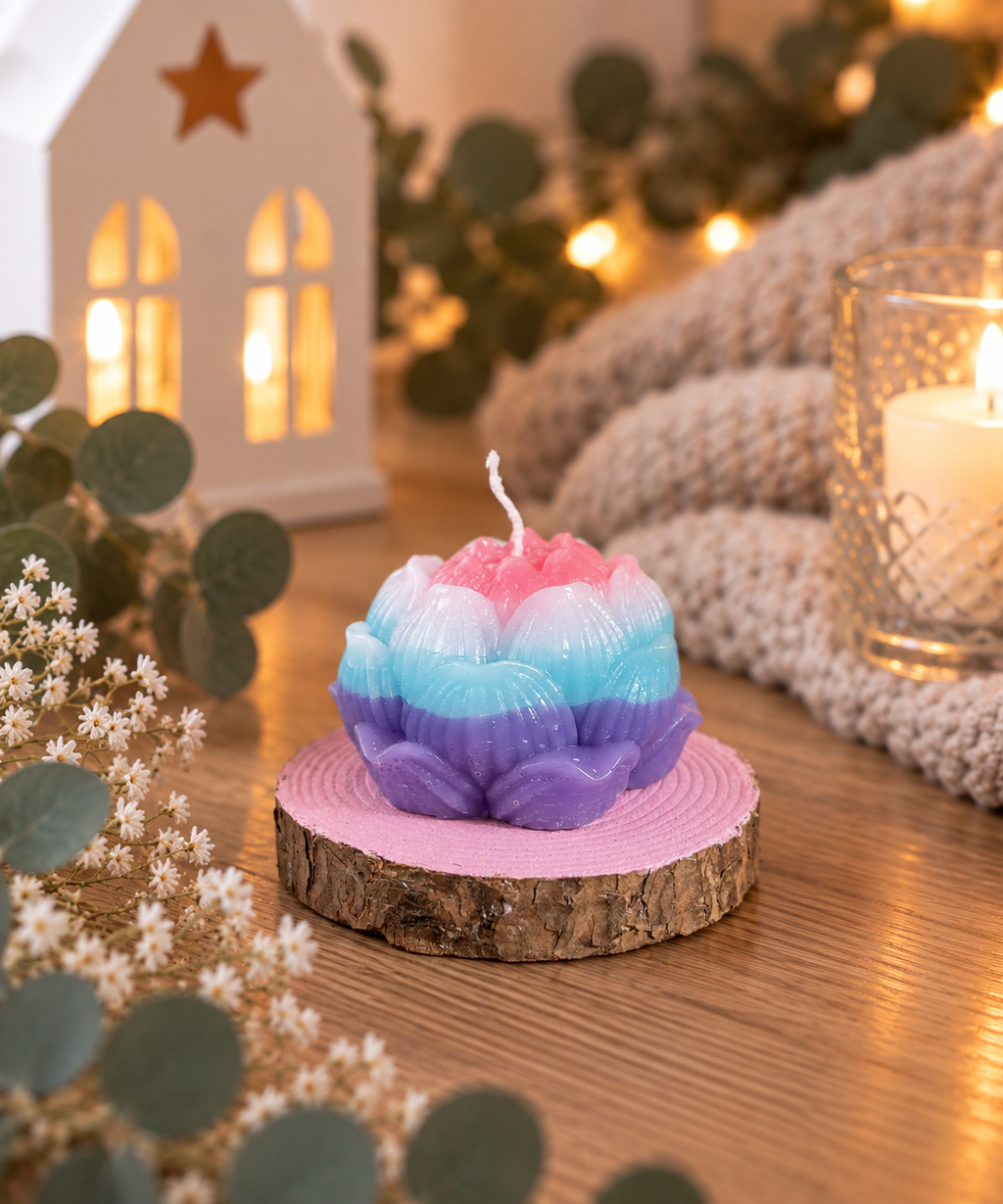 Bunte Lotuskerze in Rosa, Blau und Lila auf rosa Holzscheibe – handgemachte Upcycling-Kerze von Regenbogen Creations.