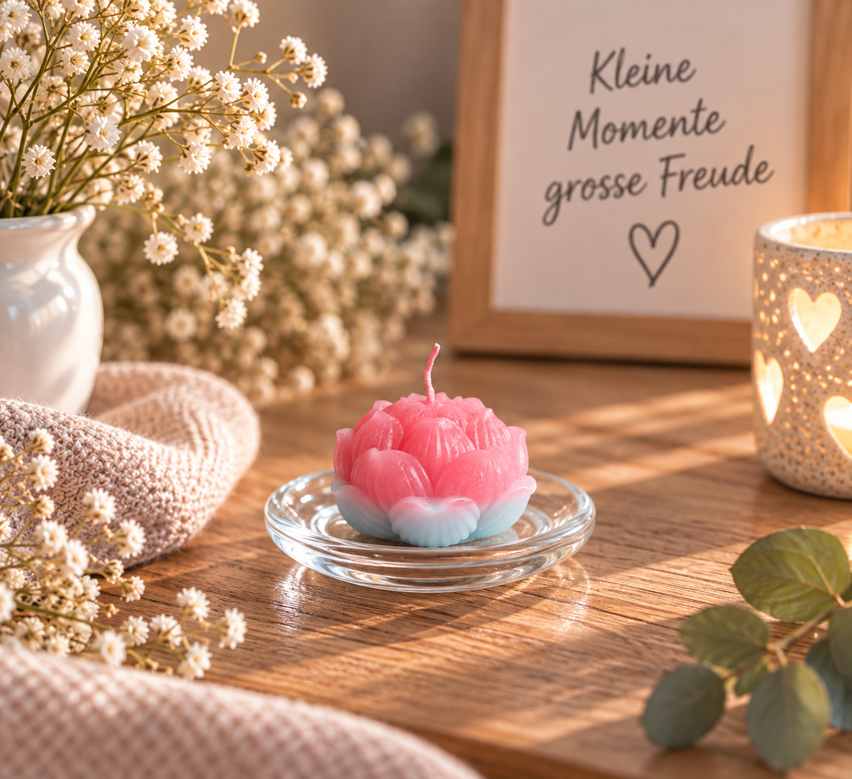 Kleine handgemachte Lotuskerze in Rosa und Hellblau aus Kerzenresten als stimmungsvolle Wohndekoration.