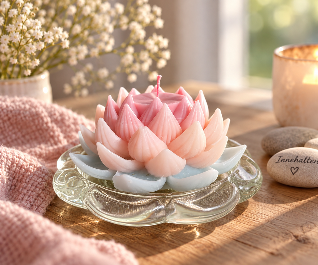 Handgegossene Lotuskerze in Rosa und Hellblau auf Glasteller in gemütlicher Wohnatmosphäre – Regenbogen Creations